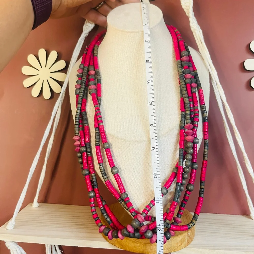 Vintage Heishe Beaded Boho Chic Necklace Pink Layered Eclectic Statement‎ Style